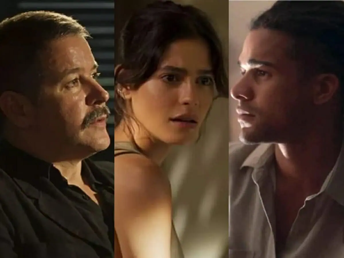 Tenório (Murilo Benício), Guta (Julia Dalavia) e Marcelo (Lucas Leto) de Pantanal