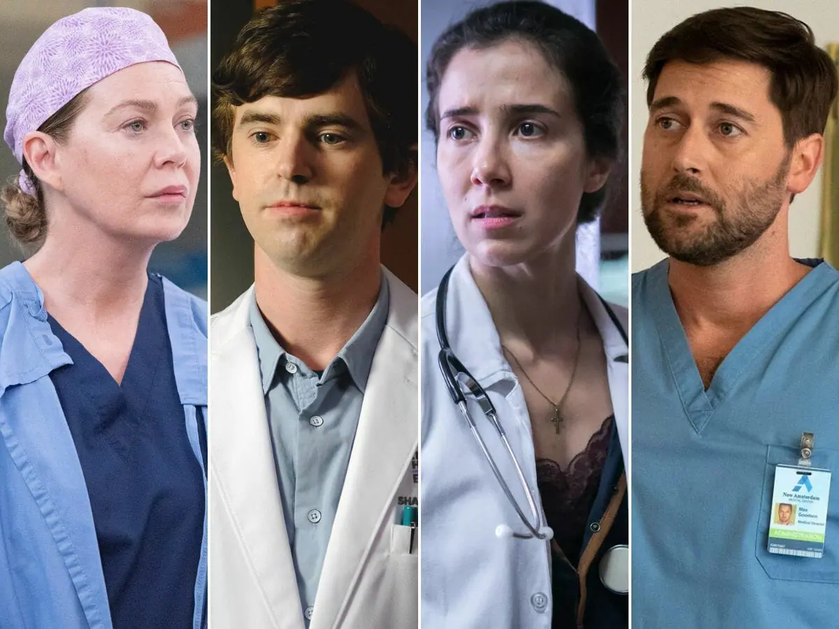 Ellen Pompeo em Grey's Anatomy (à esq.), Freddie Highmore em The Good Doctor; Marjorie Estiano em Sob Pressão e Ryan Eggold em New Amsterdam