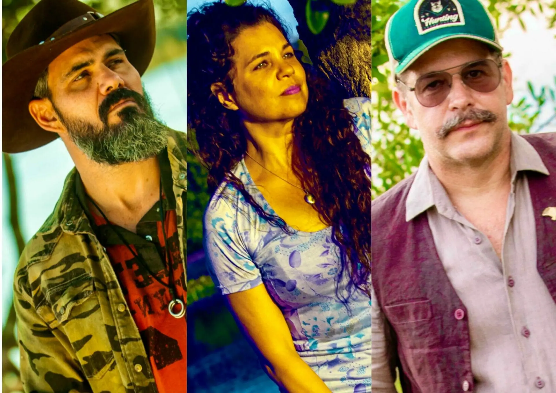 Alcides (Juliano Cazarré), Maria Bruaca (Isabel Teixeira) e Tenório (Murilo Benício) em Pantanal