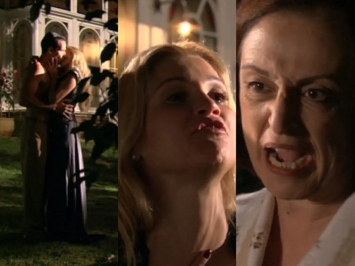 Cristina (Flávia Alessandra), Ivan (Thiago Luciano) e Débora (Ana Lucia Torre) de Alma Gêmea