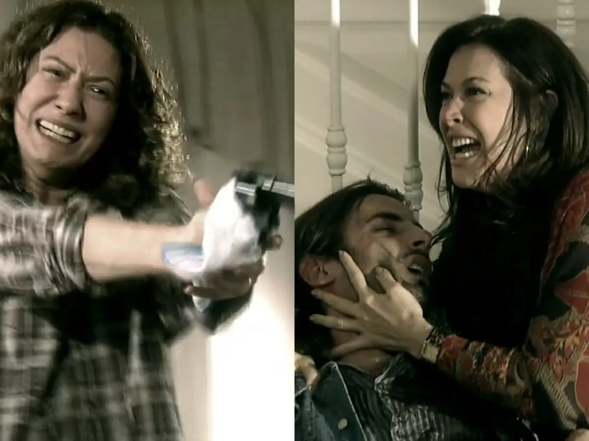 Flora (Patrícia Pillar), Marcelo (Flávio Tolezani) e Donatela (Claudia Raia) de A Favorita