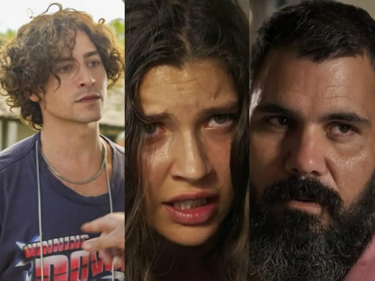 Jove (Jesuíta Barbosa), Juma (Alanis Guillen) e Alcides (Juliano Cazarré) de Pantanal