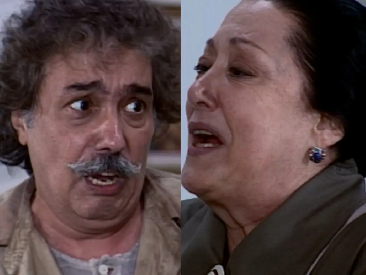 Calixto (Pedro Paulo Rangel) e Mimosa (Suely Franco) em O Cravo e a Rosa