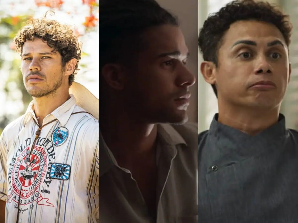 Tadeu (José Loreto), Marcelo (Lucas Leto) e Zaquieu (Silvero Pereira) de Pantanal
