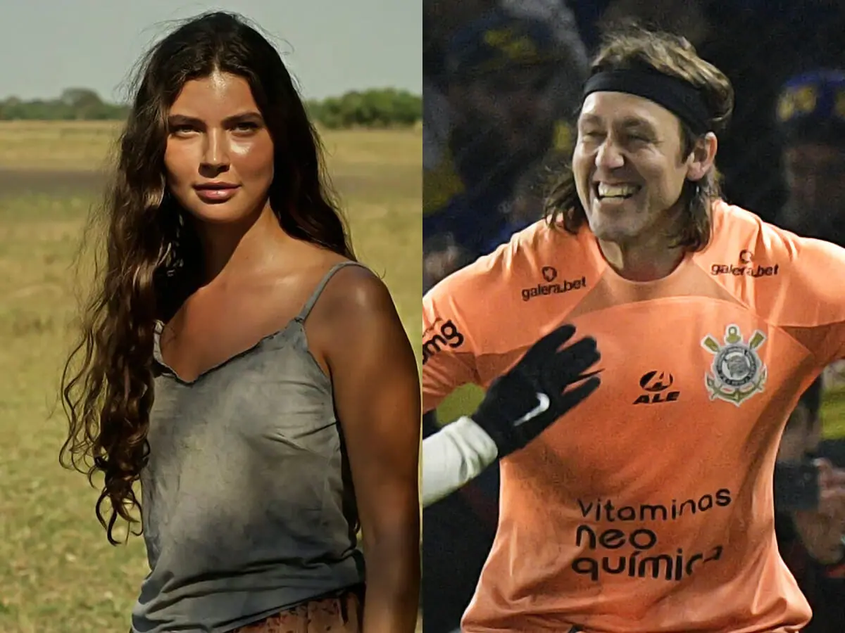 Juma Marruá (Alanis Guillen), de Pantanal, e o goleiro Cássio, do Corinthians