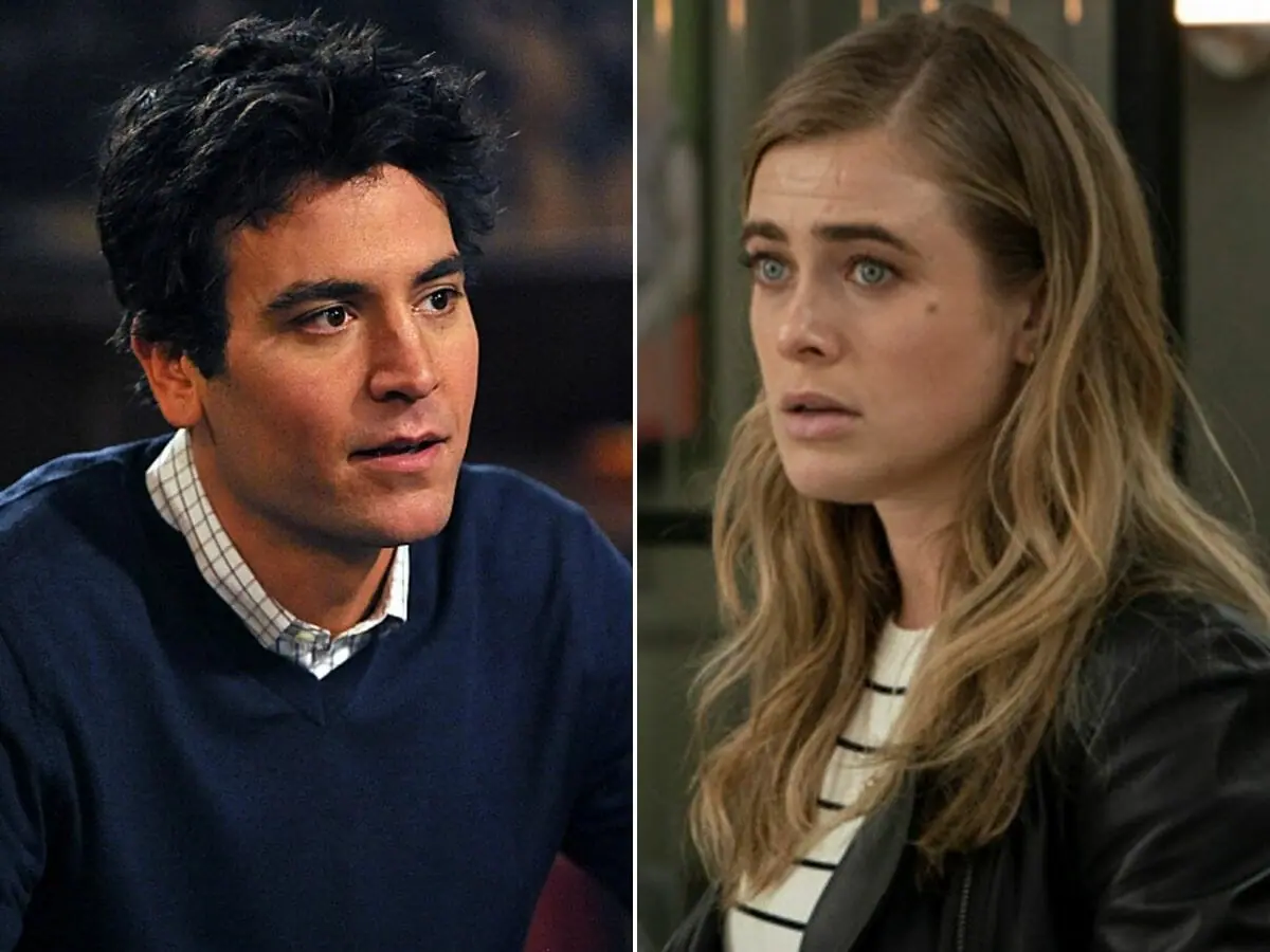 Josh Radnor em How I Met Your Mother (à esq.) e Melissa Roxburgh em Manifest