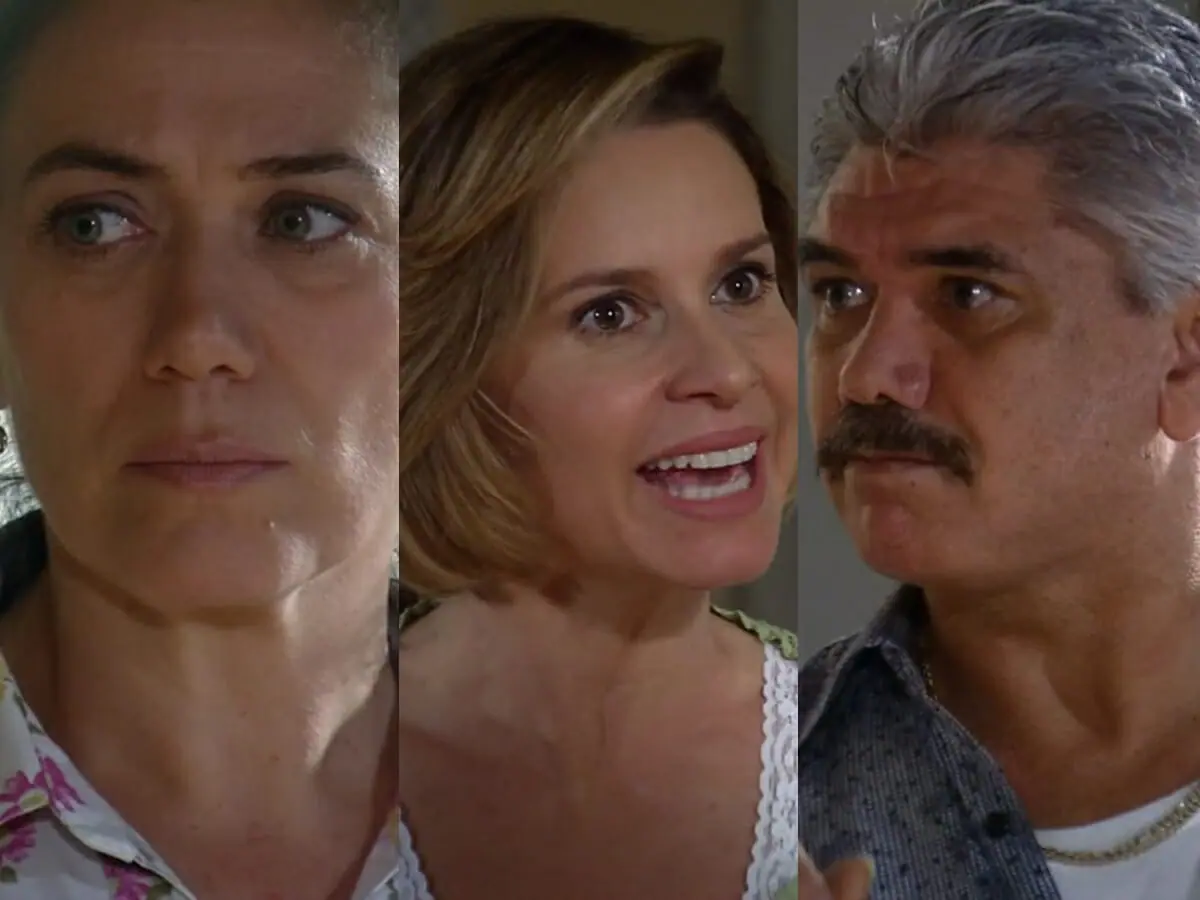 Catarina (Lilia Cabral), Stela (Paula Burlamaqui) e Léo (Jackson Antunes) de A Favorita
