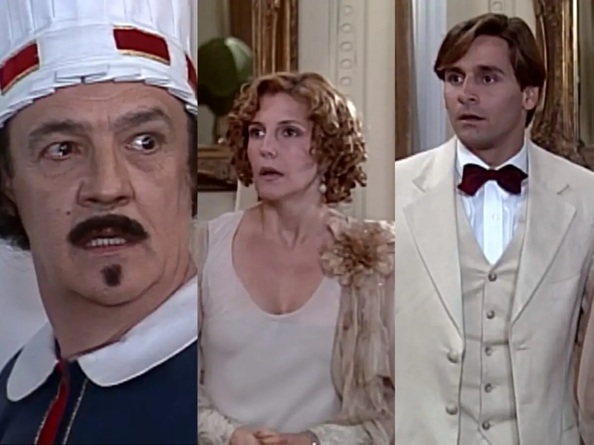 Cornélio (Ney Latorraca), Dinorá (Maria Padilha) e Celso (Murilo Rosa) de O Cravo e a Rosa