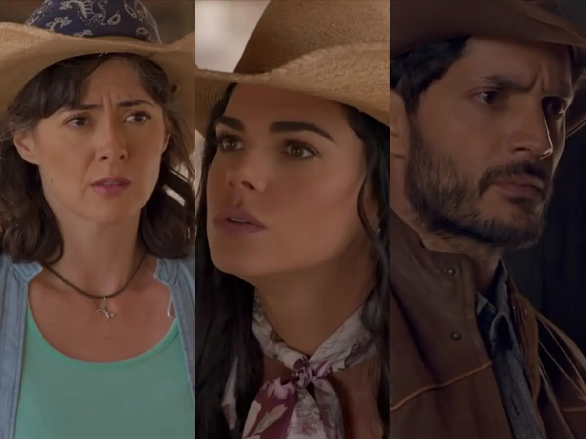 Joana (Verónica Jaspeado), Fernanda (Livia Brito) e César (Daniel Elbittar) de A Desalmada