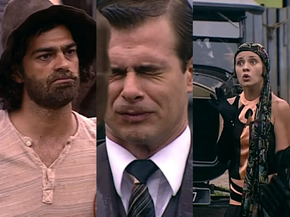 Petruchio (Eduardo Moscovis), Serafim (João Vitti) e Catarina (Adriana Esteves) de O Cravo e a Rosa