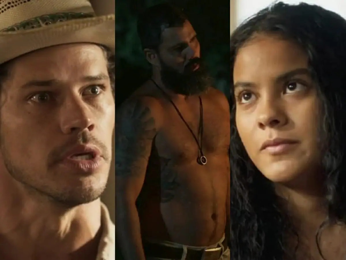 Tadeu (José Loreto), Alcides (Juliano Cazarré) e Muda (Bella Campos) de Pantanal