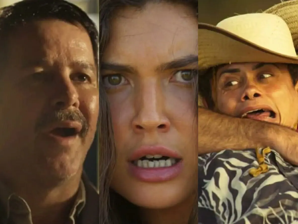 Tenório (Murilo Benício), Juma (Alanis Guillen) e Zaquieu (Silvero Pereira) de Pantanal