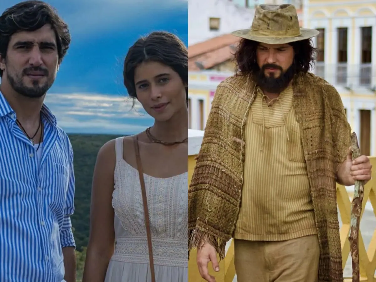 Tertulinho (Renato Góes), Candoca (Isadora Cruz) e Zé Paulino (Sergio Guizé) de Mar do Sertão