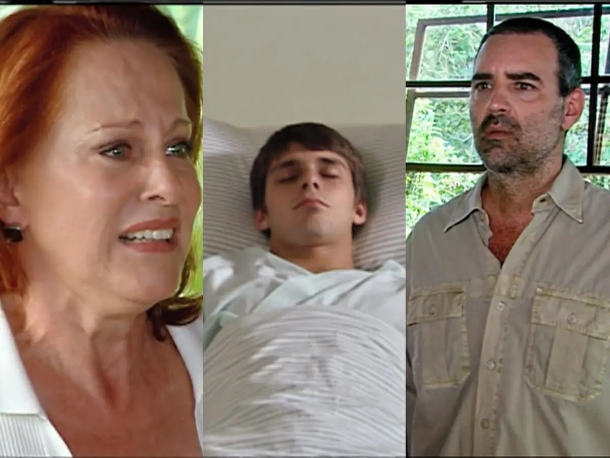 Vilma (Lucinha Lins), Guga (Thiago de los Reyes) e Miguel (Floriano Peixoto) de Chamas da Vida