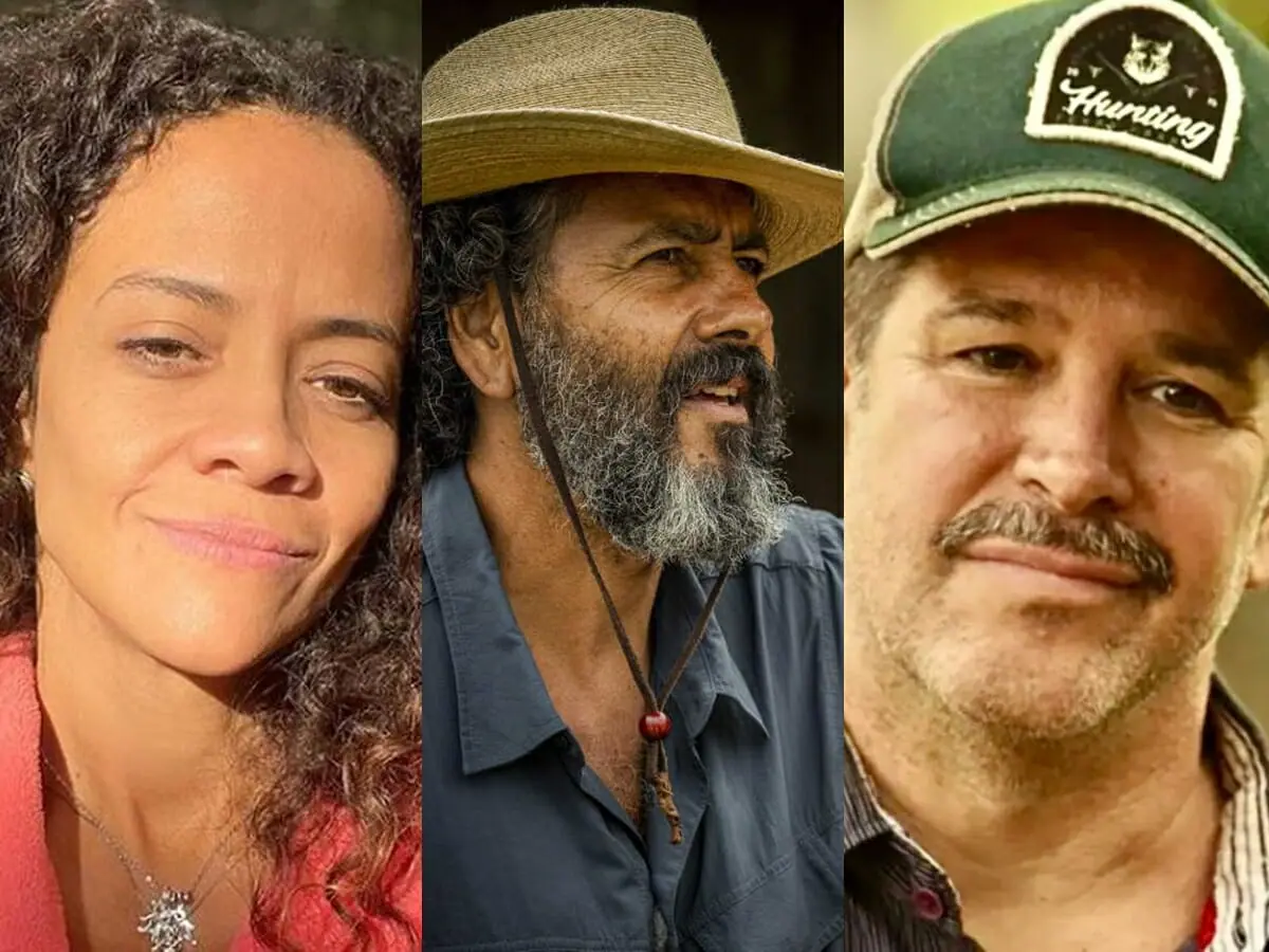 Zuleica (Aline Borges), José Leôncio (Marcos Palmeira) e Tenório (Murilo Benício) de Pantanal