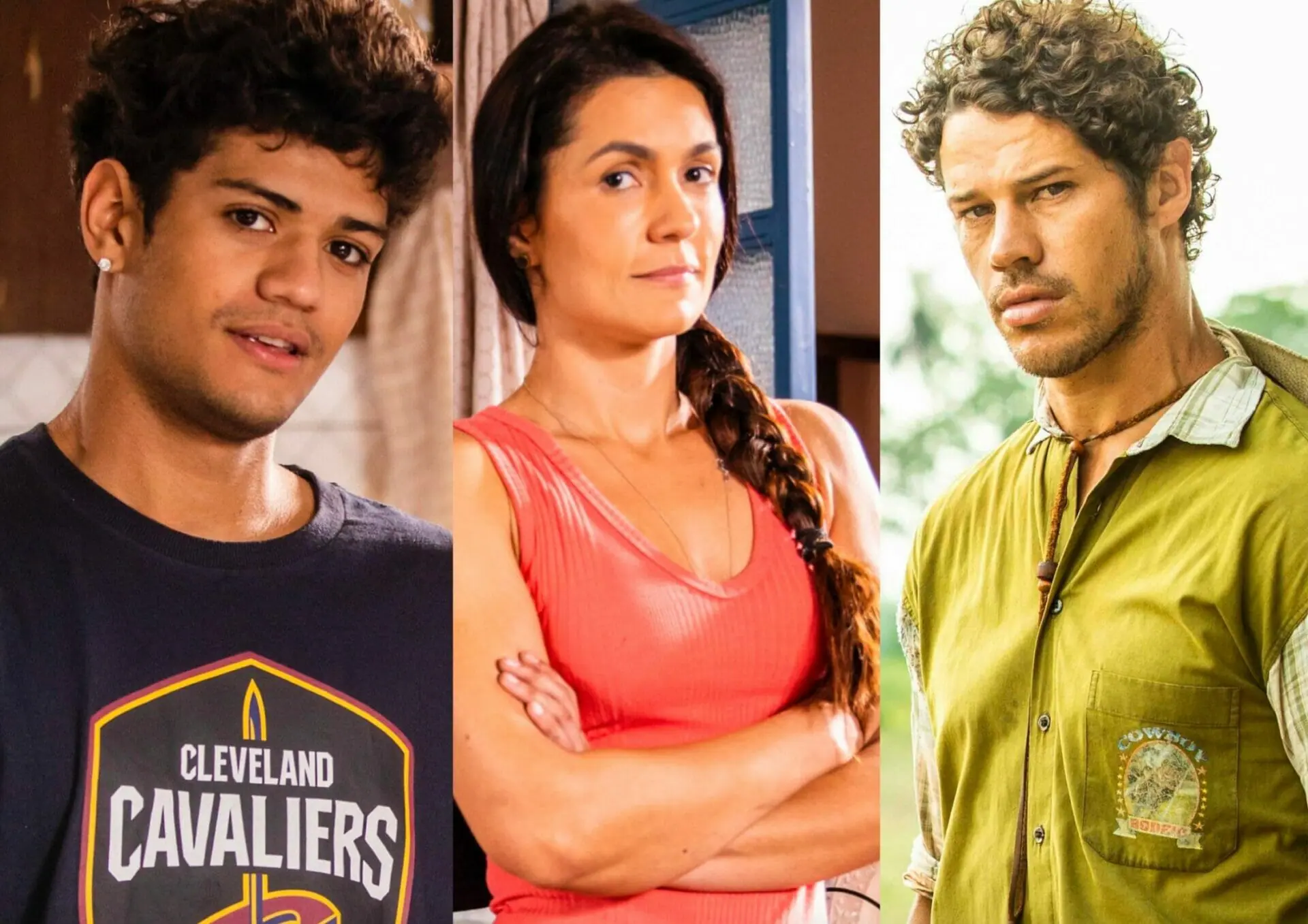 Renato (Gabriel Santana), Zefa (Paula Barbosa) e Tadeu (Zé Loreto) em Pantanal