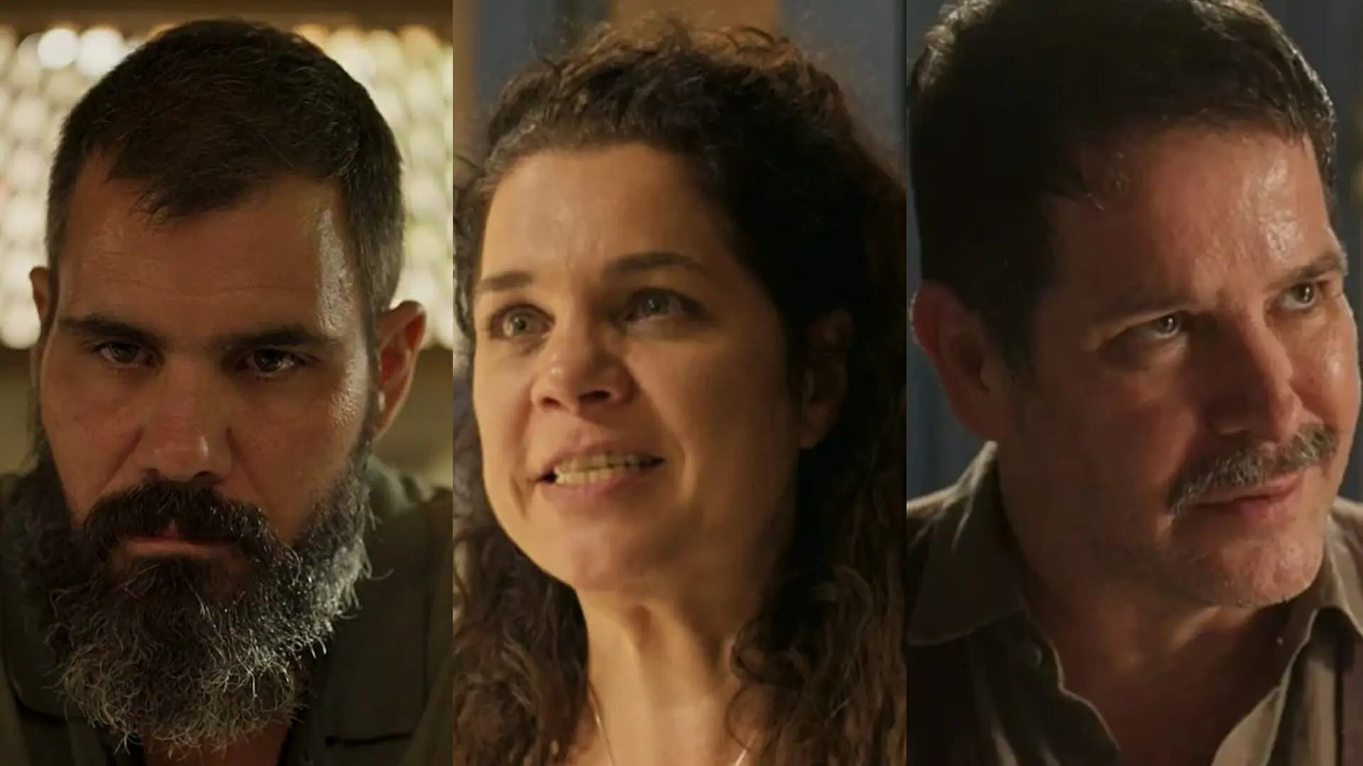 Alcides (Juliano Cazarré), Maria Bruaca (Isabel Teixeira) e Tenório (Murilo Benício) de Pantanal