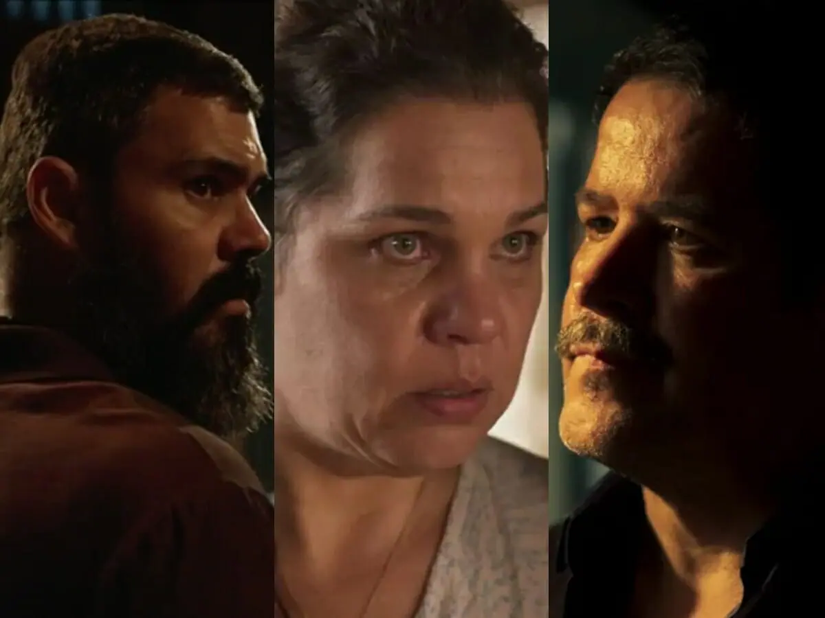 Alcides (Juliano Cazarré), Maria Bruaca (Isabel Teixeira) e Tenório (Murilo Benício) de Pantanal