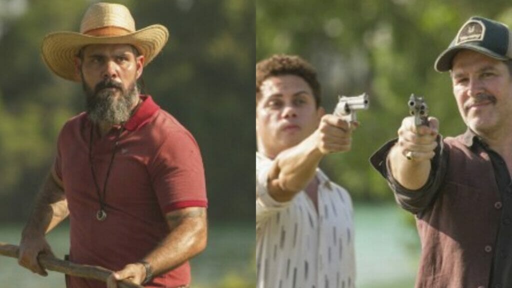 Alcides (Juliano Cazarré), Zaquieu (Silvero Pereira) e Tenório (Murilo Benício) de Pantanal