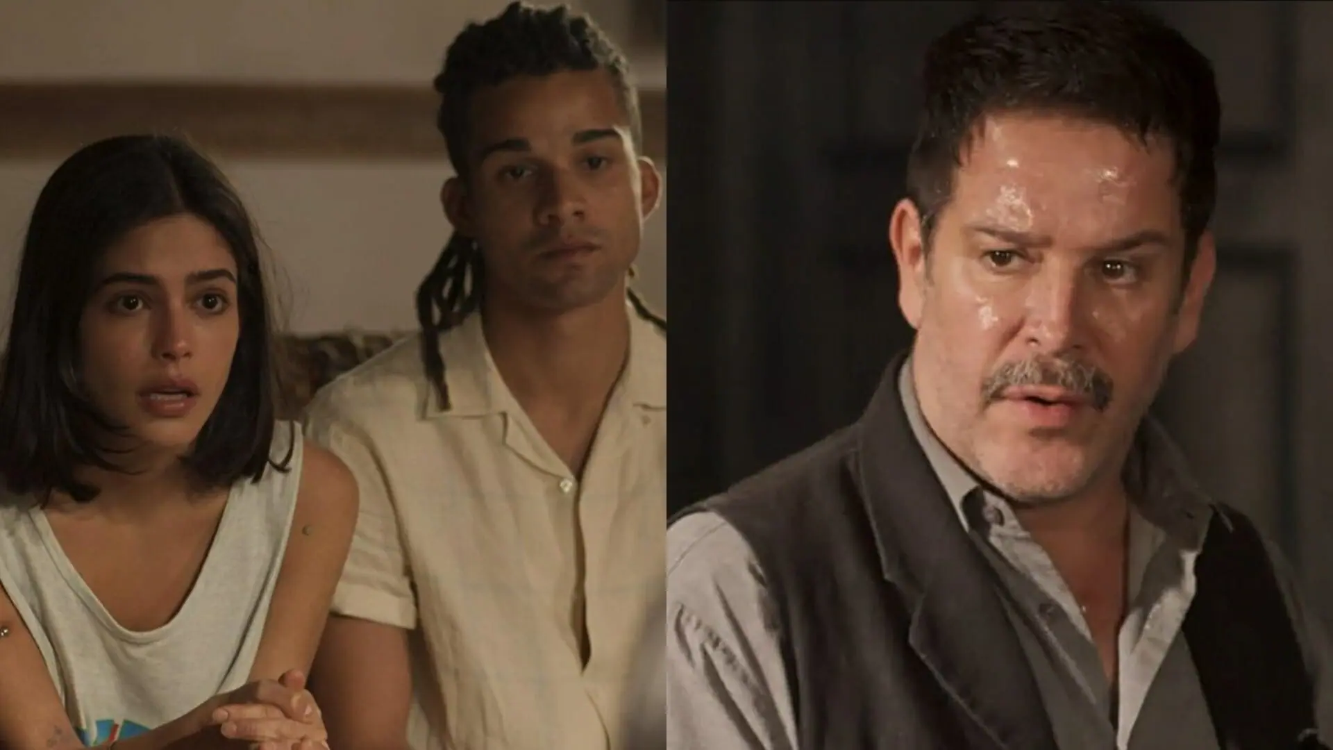 Guta (Julia Dalavia), Renato (Lucas Leto) e Tenório (Murilo Benício) de Pantanal