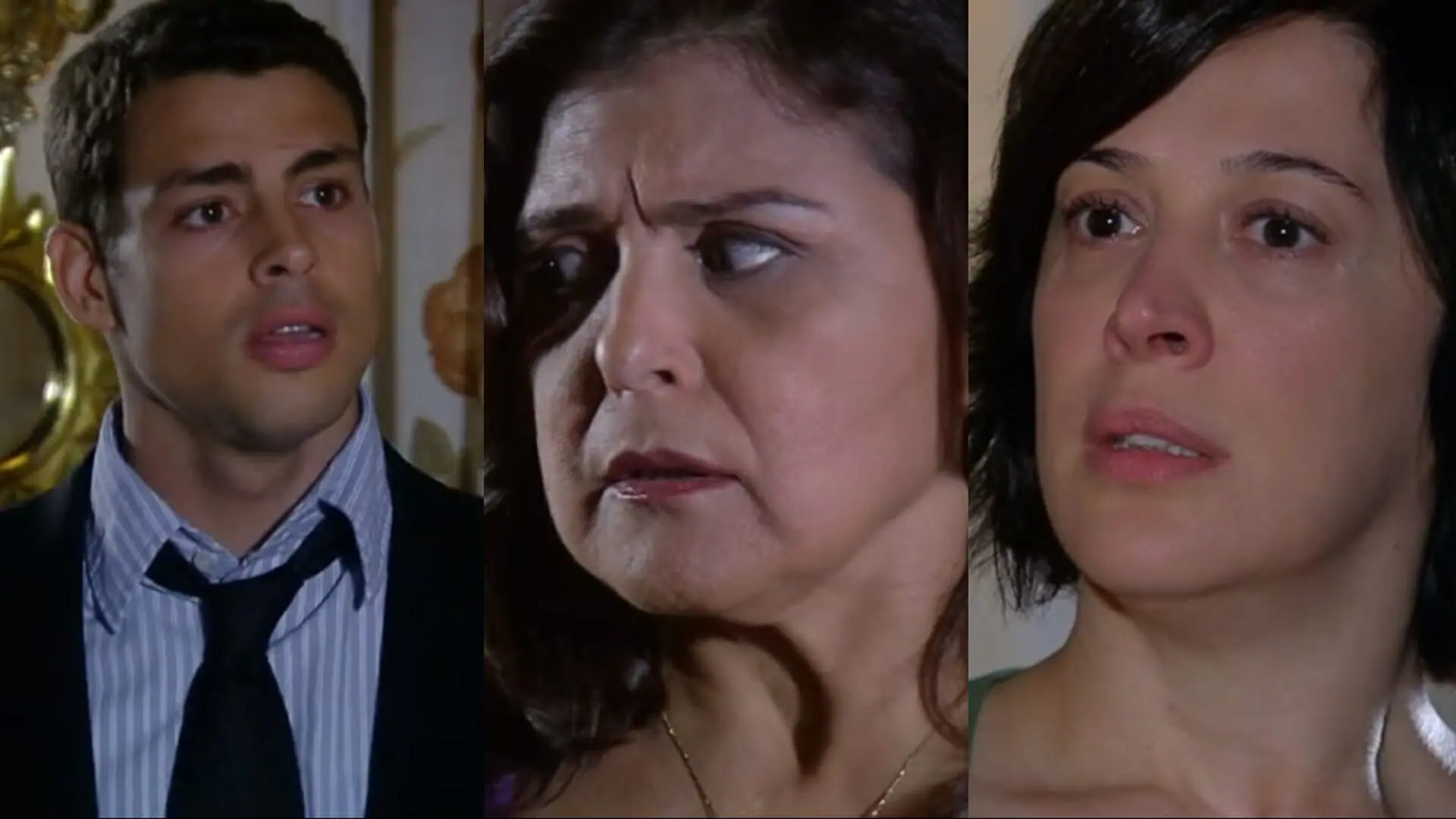 Halley (Cauã Reymond), Cilene (Elizângela) e Donatela (Claudia Raia) de A Favorita