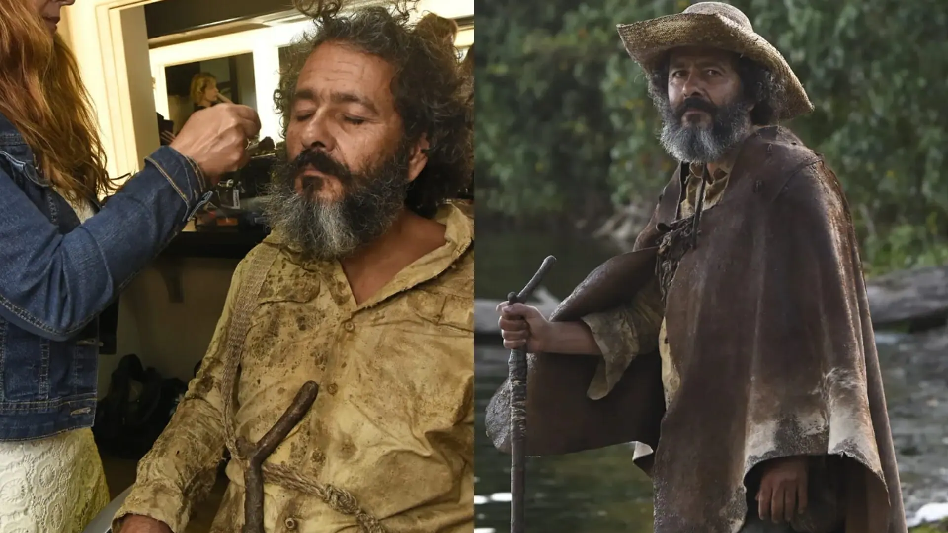 Marcos Palmeira, o José Leôncio de Pantanal, caracterizado como Velho do Rio