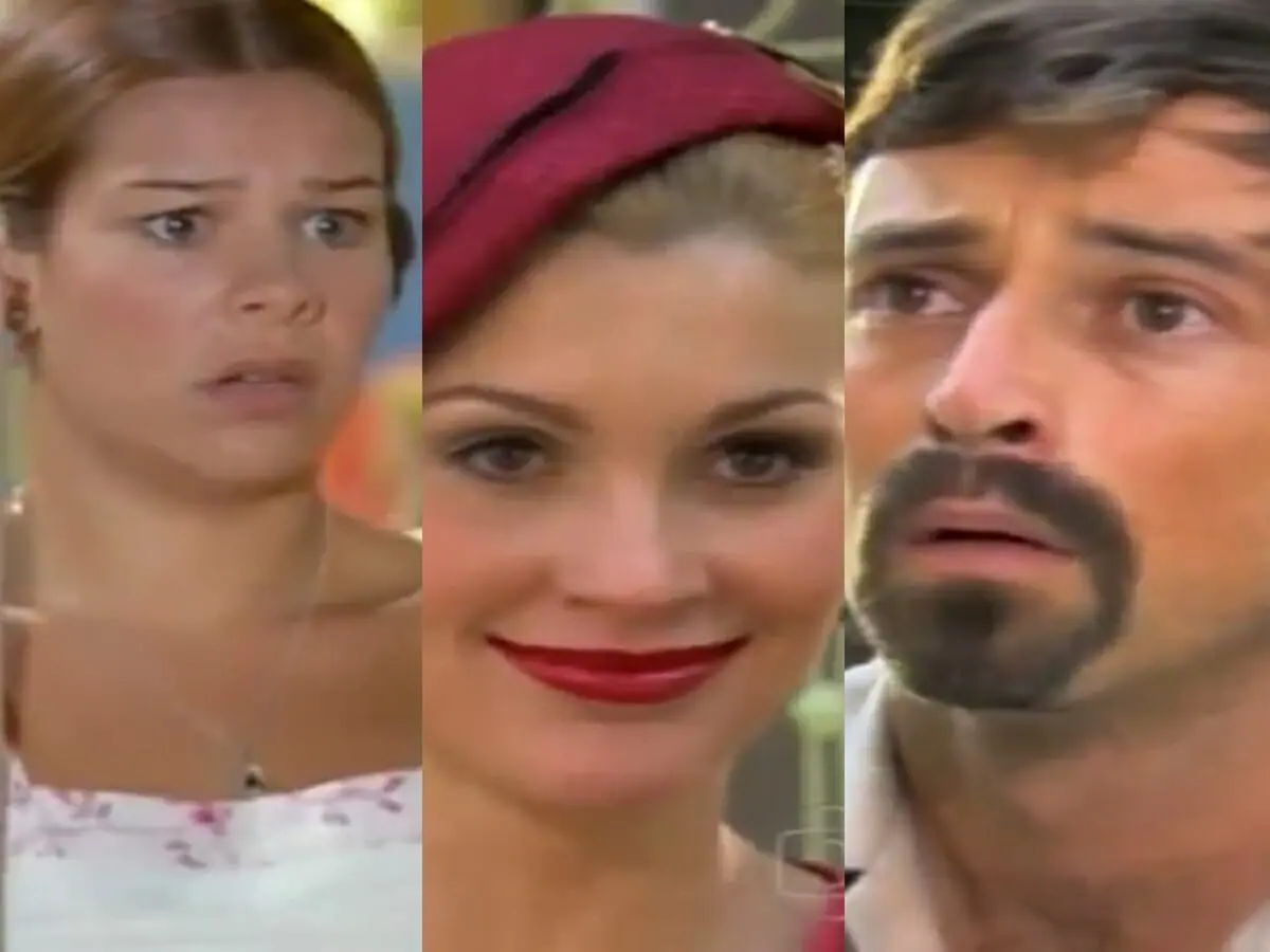 Mirna (Fernanda Souza), Cristina (Flávia Alessandra) e Crispim (Emílio Orciollo Netto) de O Cravo e a Rosa