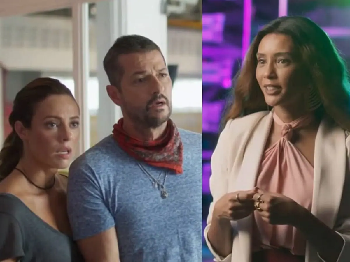 Pat (Paolla Oliveira), Moa (Marcelo Serrado) e Clarice (Taís Araujo) de Cara e Coragem