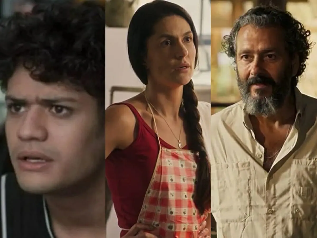 Renato (Gabriel Santana), Zefa (Paula Barbosa) e José Leôncio (Marcos Palmeira) de Pantanal