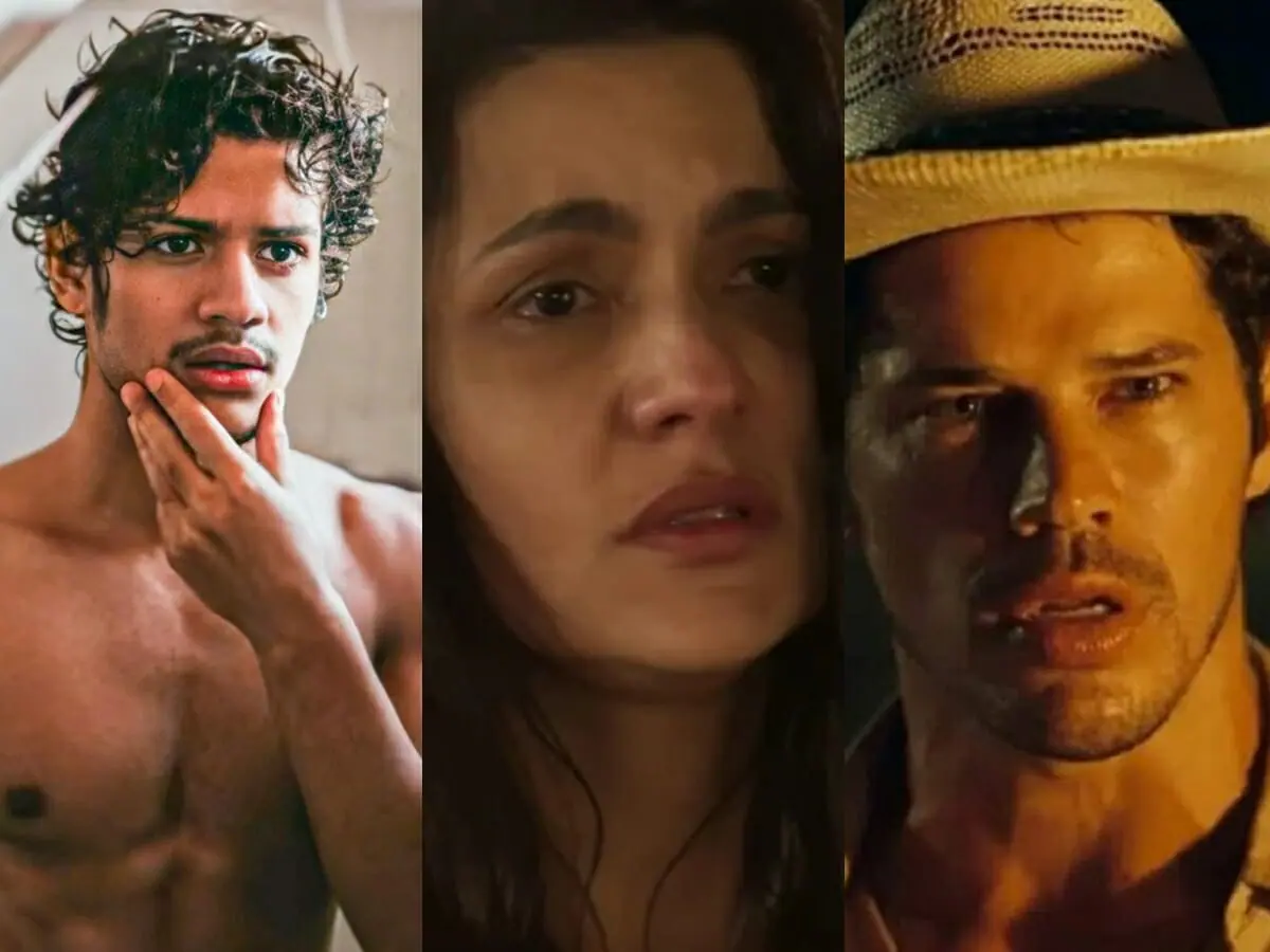 Renato (Gabriel Santana), Zefa (Paula Barbosa) e Tadeu (José Loreto) de Pantanal