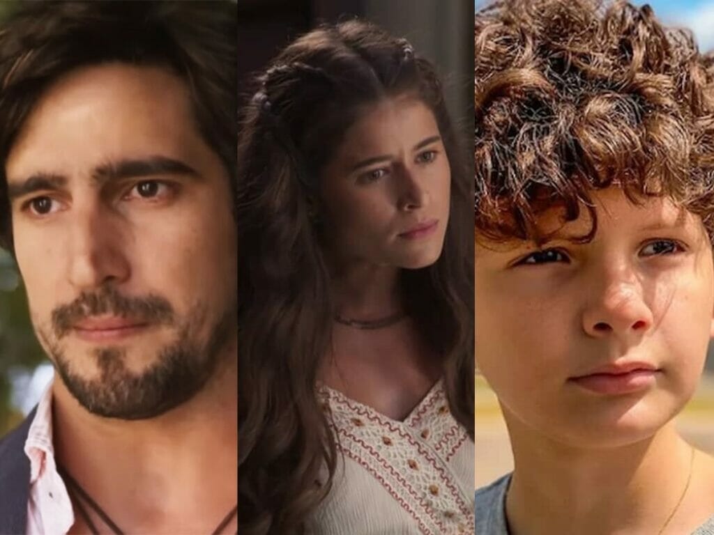 Tertulinho (Renato Góes), Candoca (Isadora Cruz) e Manduca (Enzo Diniz) de Mar do Sertão