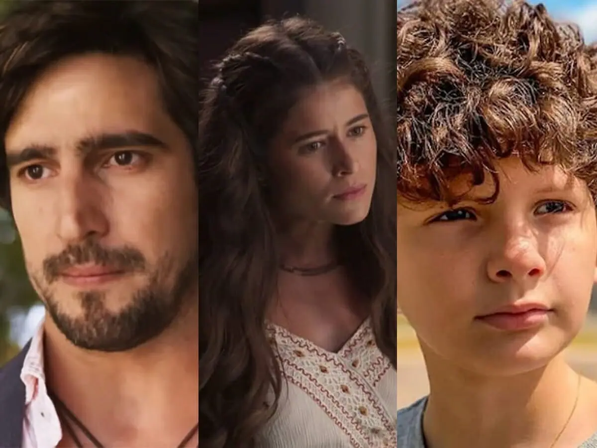 Tertulinho (Renato Góes), Candoca (Isadora Cruz) e Manduca (Enzo Diniz) de Mar do Sertão