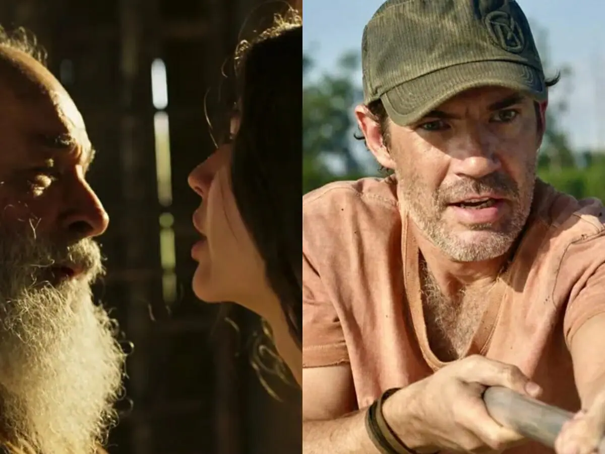 Velho do Rio (Osmar Prado), Juma (Alanis Guillen) e Solano (Rafael Sieg) de Pantanal