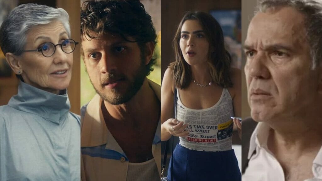 Cidália (Cássia Kis), Ari (Chay Suede), Chiara (Jade Picon) e Guerra (Humberto Carrão) de Travessia