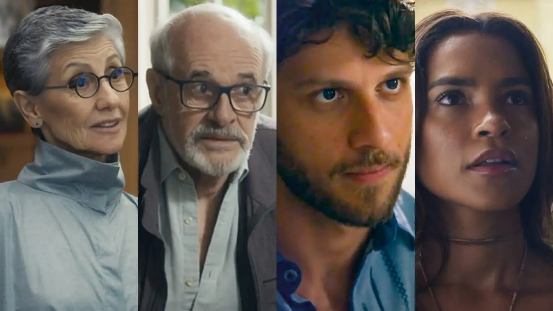 Cidália (Cássia Kis), Dante (Marcos Caruso), Ari (Chay Suede) e Brisa (Lucy Alves) de Travessia