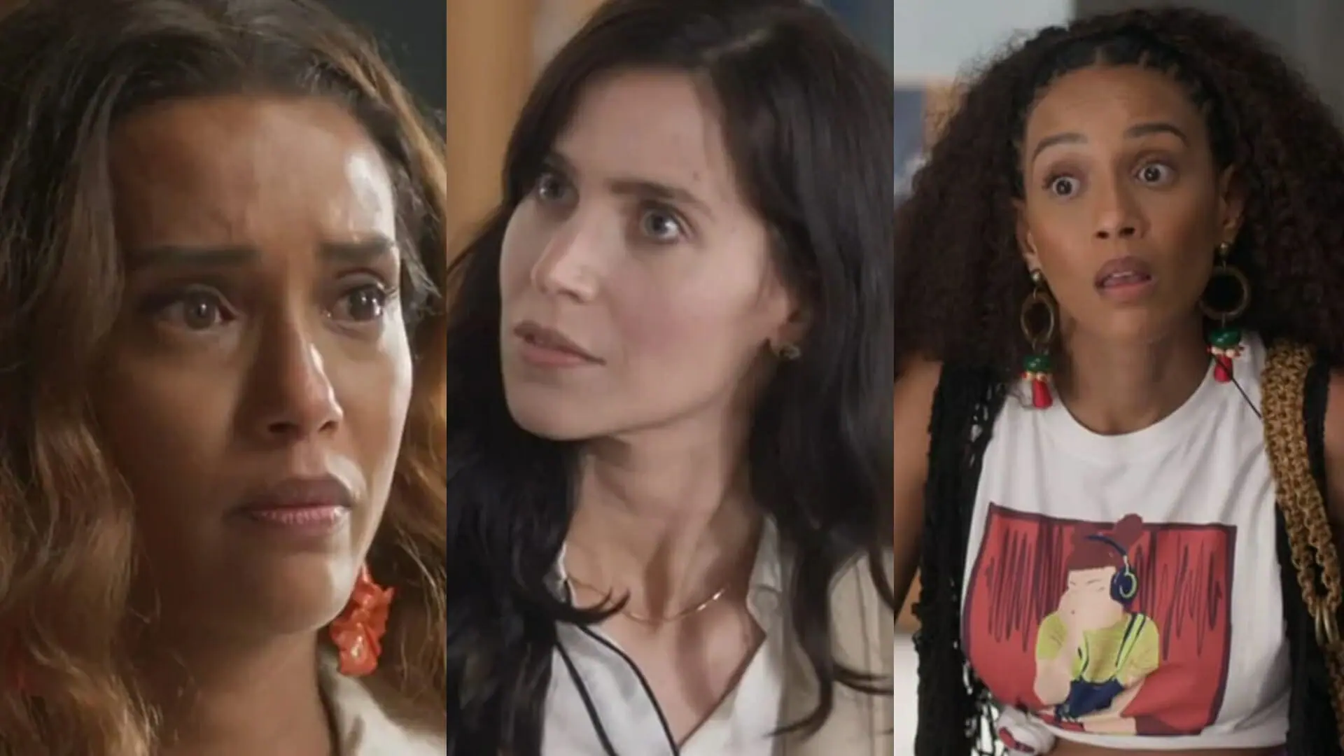 Clarice (Taís Araujo), Regina (Mel Lisboa) e Anita (Taís Araujo) de Cara e Coragem