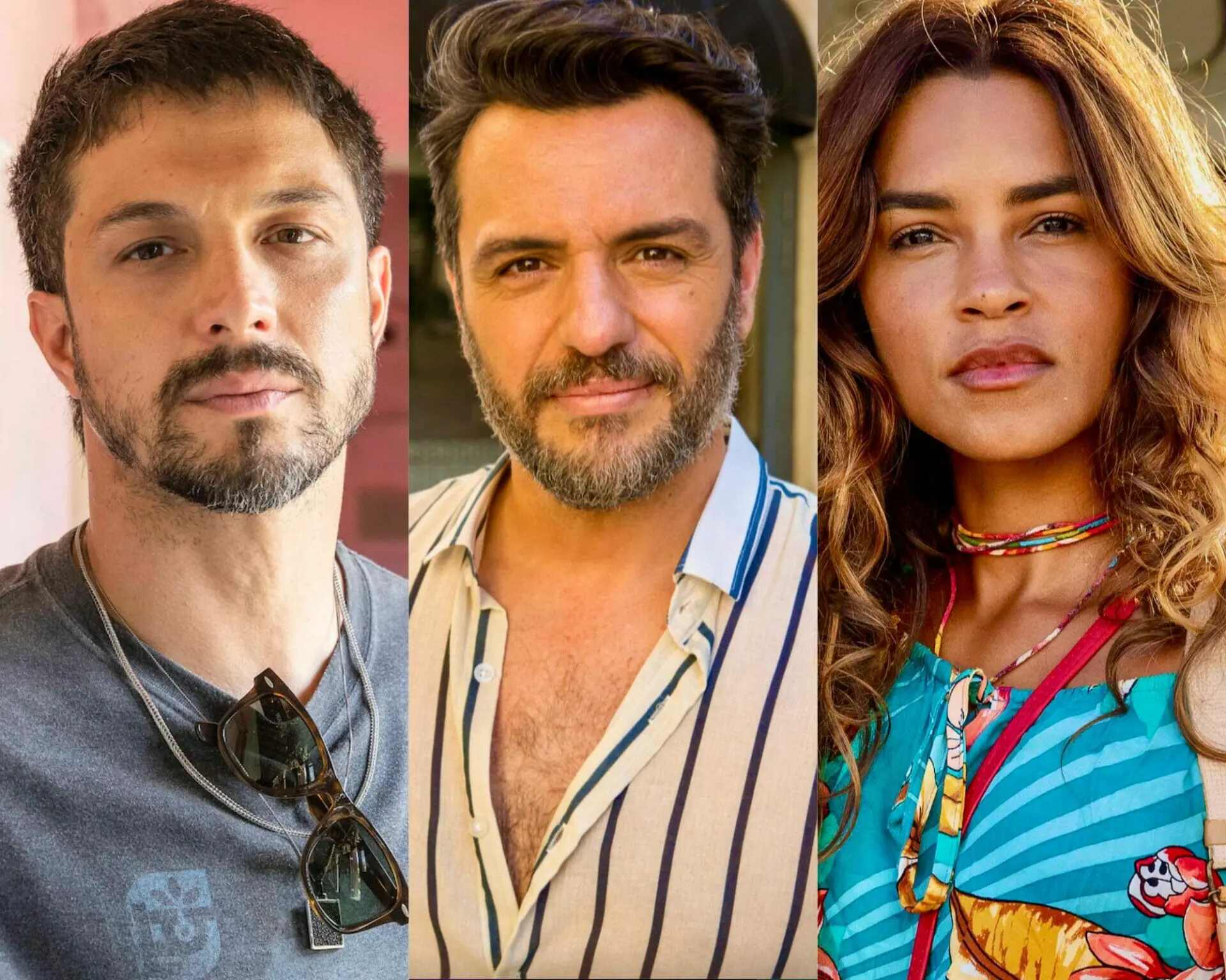 Oto (Romulo Estrela), Moretti (Rodrigo Lombardi) e Brisa (Lucy Alves) em Travessia