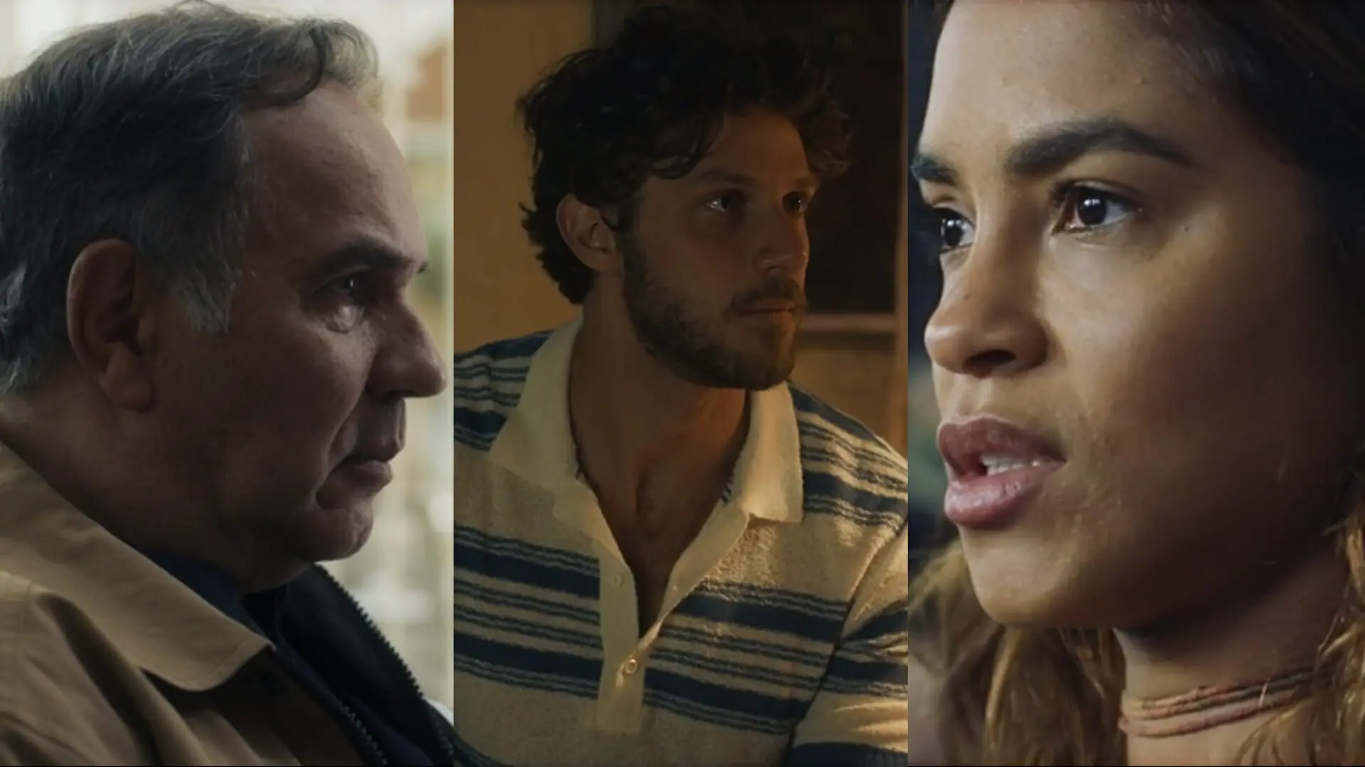 Guerra (Humberto Martins), Ari (Chay Suede) e Brisa (Lucy Alves) de Travessia