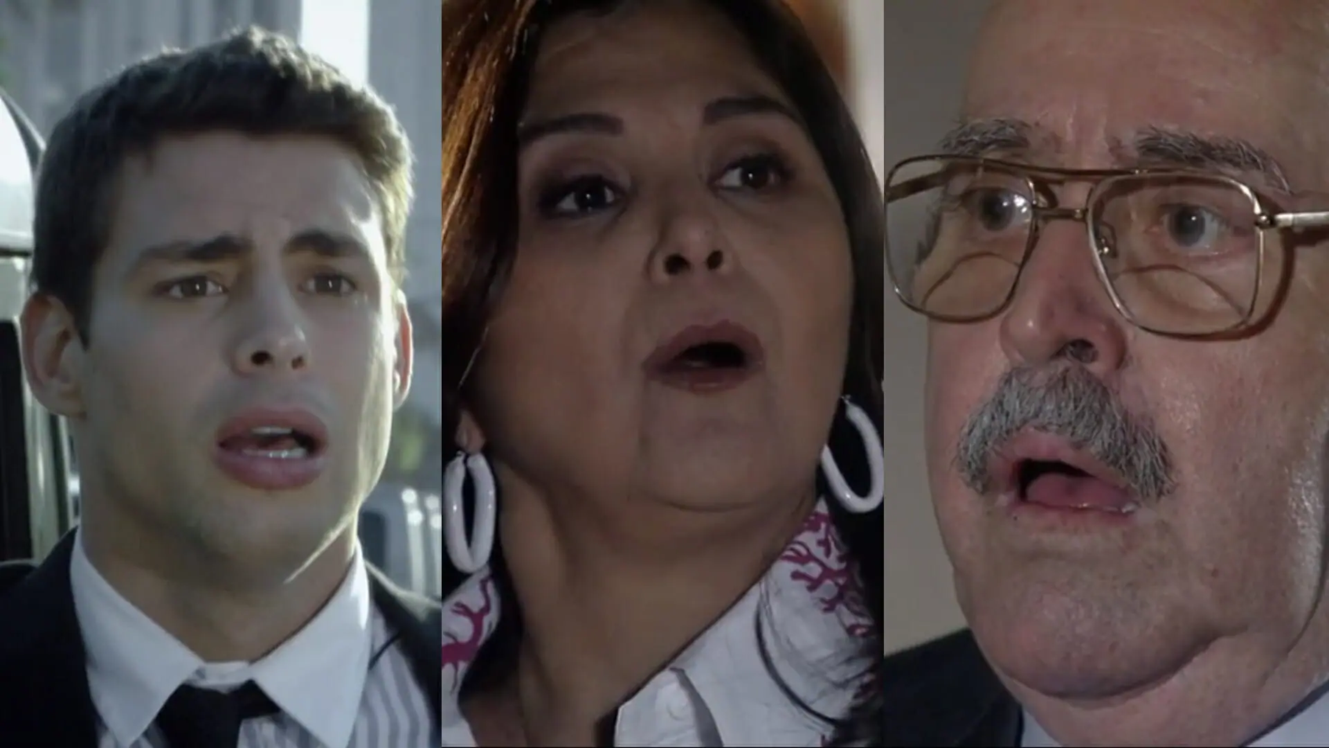 Halley (Cauã Reymond), Cilene (Elizângela) e Gonçalo (Mauro Mendonça) de A Favorita