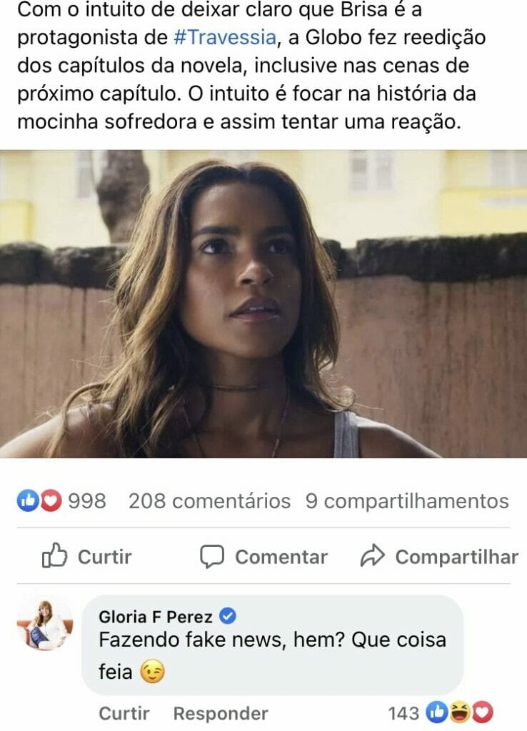 Gloria Perez critica página no Facebook