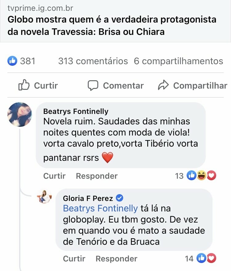 Gloria Perez critica publicação sobre Travessia