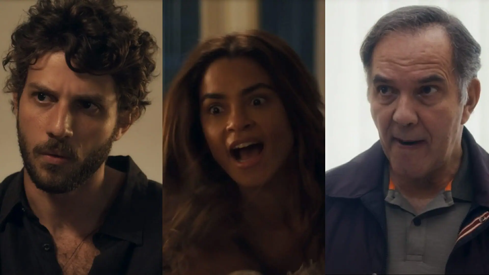 Ari (Chay Suede), Brisa (Lucy Alves) e Guerra (Humberto Martins) de Travessia
