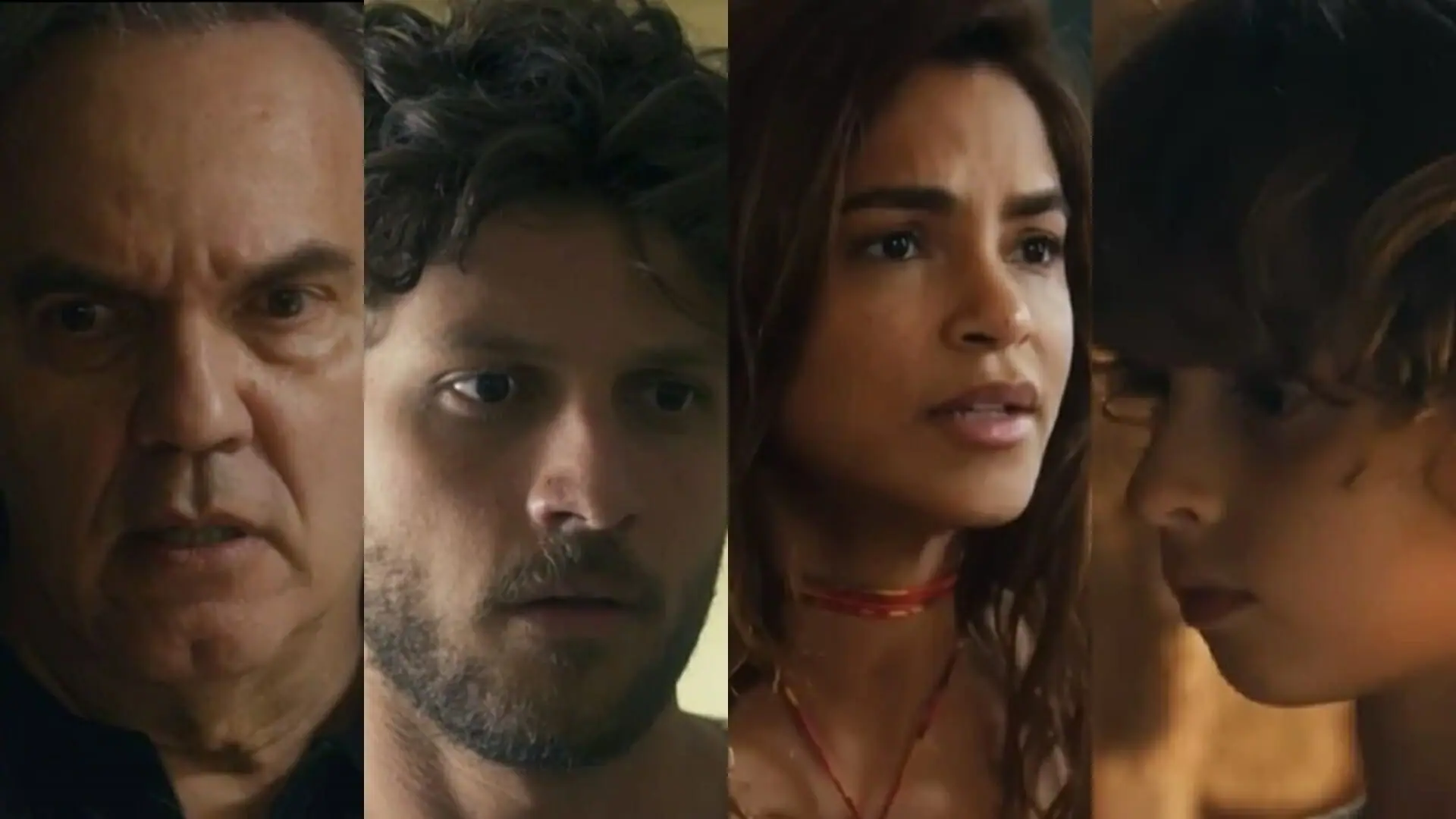Guerra (Humberto Martins), Ari (Chay Suede), Brisa (Lucy Alves) e Tonho (Vicente Alvite) de Travessia