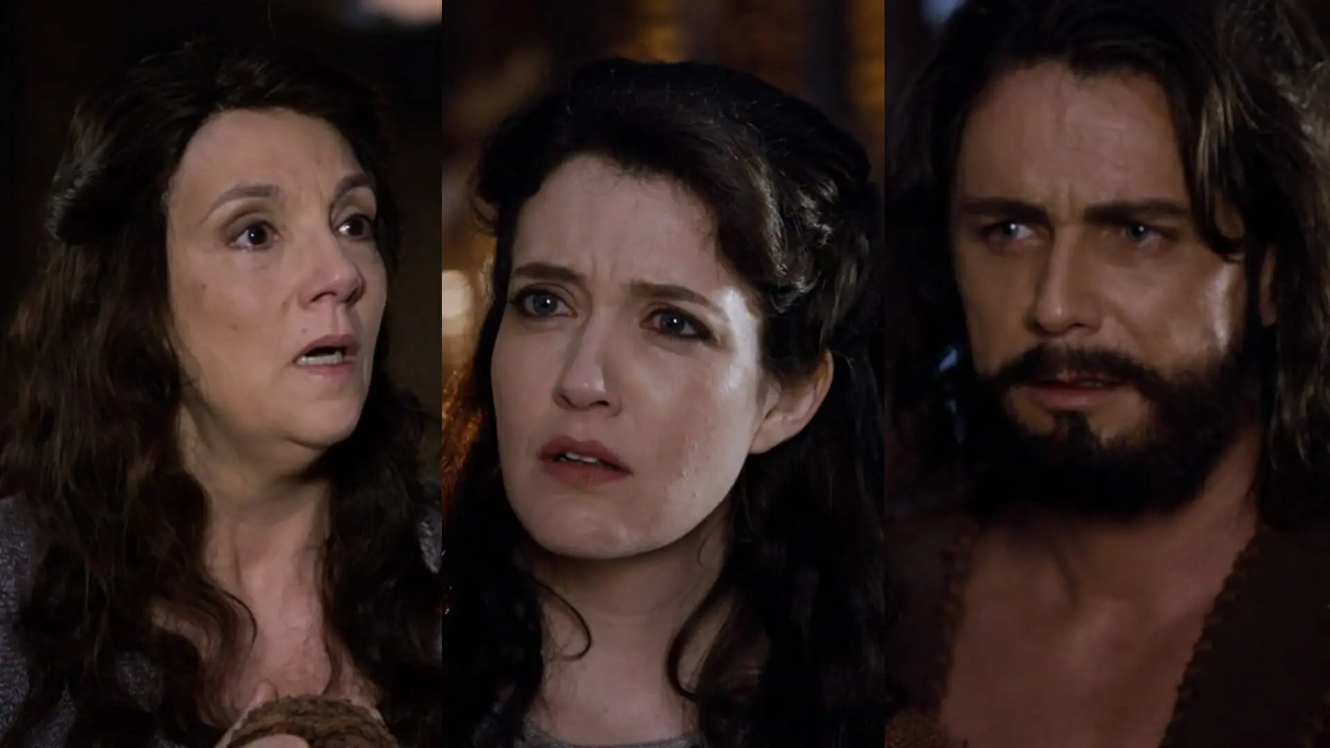 Joquebede (Denise Del Vicchio), Miriã (Larissa Maciel) e Arão (Petrônio Gontijo) de Os Dez Mandamentos