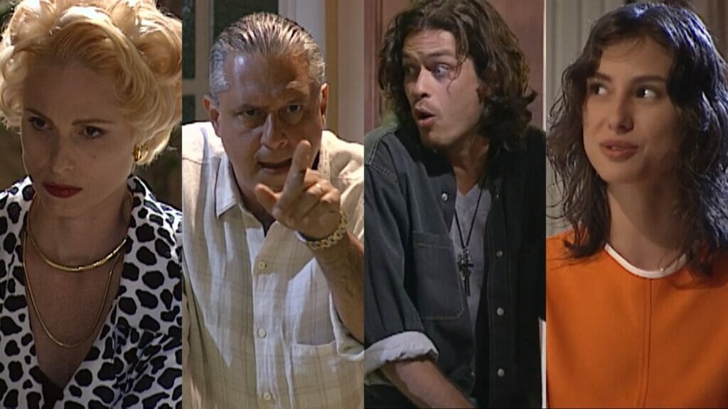 Léia (Silvia Pfeiffer), Bruno (Antonio Fagundes), Marcos (Fábio Assunção) e Lia (Lavínia Vlasak) de O Rei do Gado