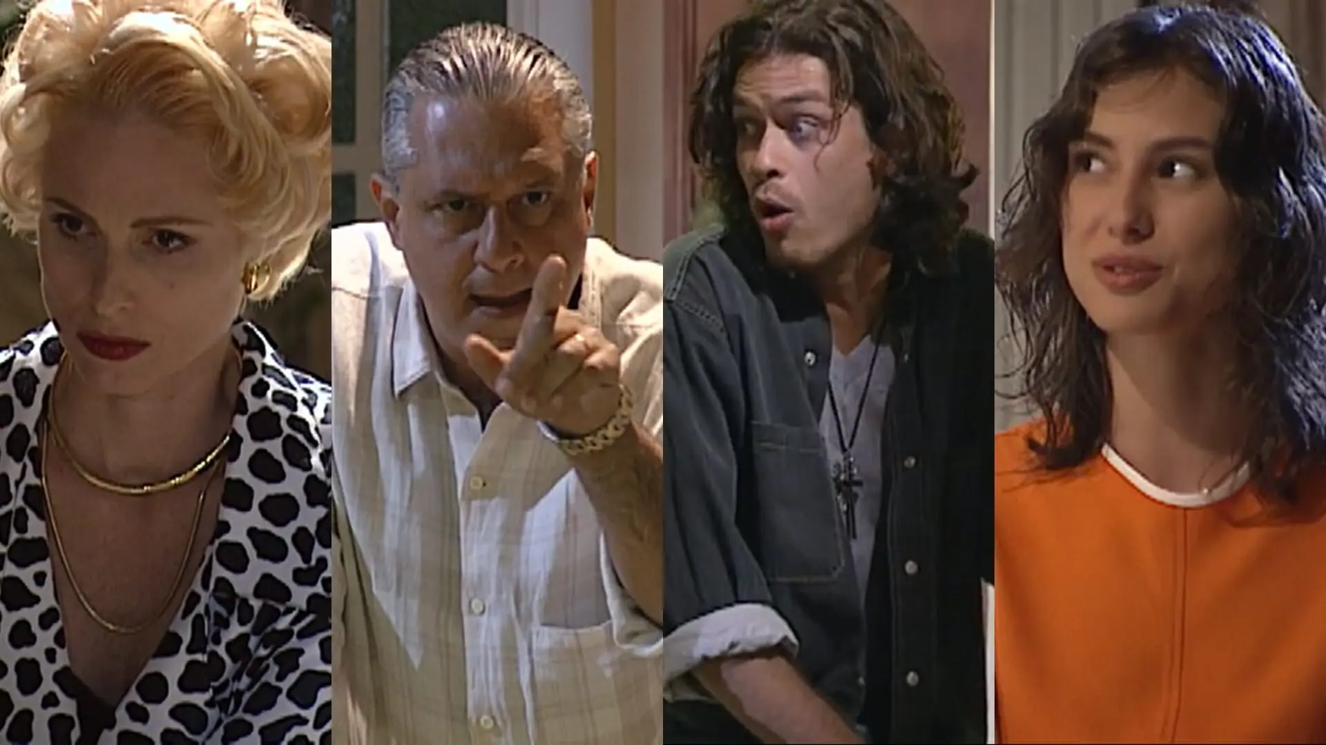 Léia (Silvia Pfeiffer), Bruno (Antonio Fagundes), Marcos (Fábio Assunção) e Lia (Lavínia Vlasak) de O Rei do Gado