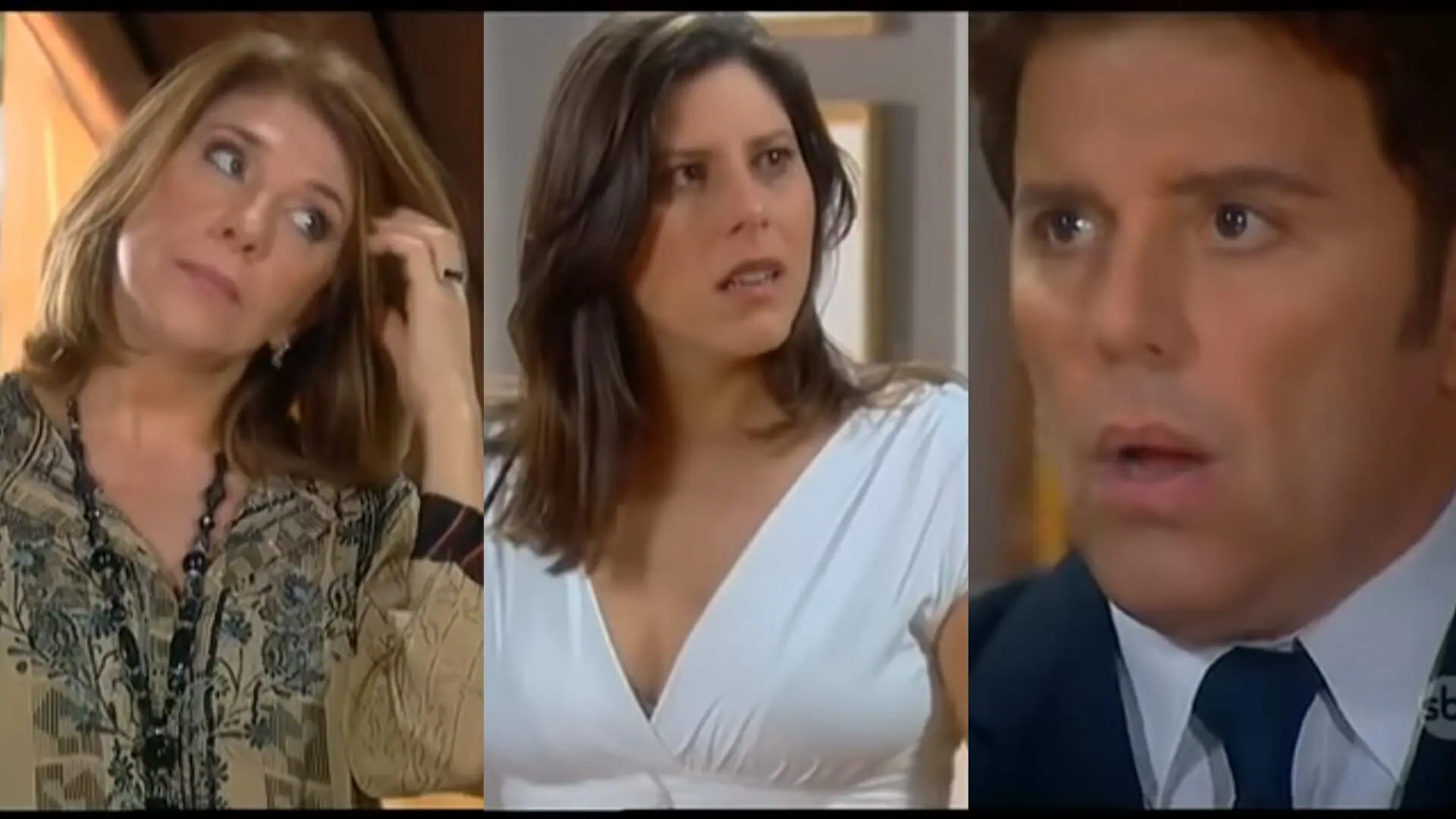 Malvina (Tânia Bondezan), Beatriz (Vanessa Goulart) e Aurélio (Ernando Tiago) de Maria Esperança
