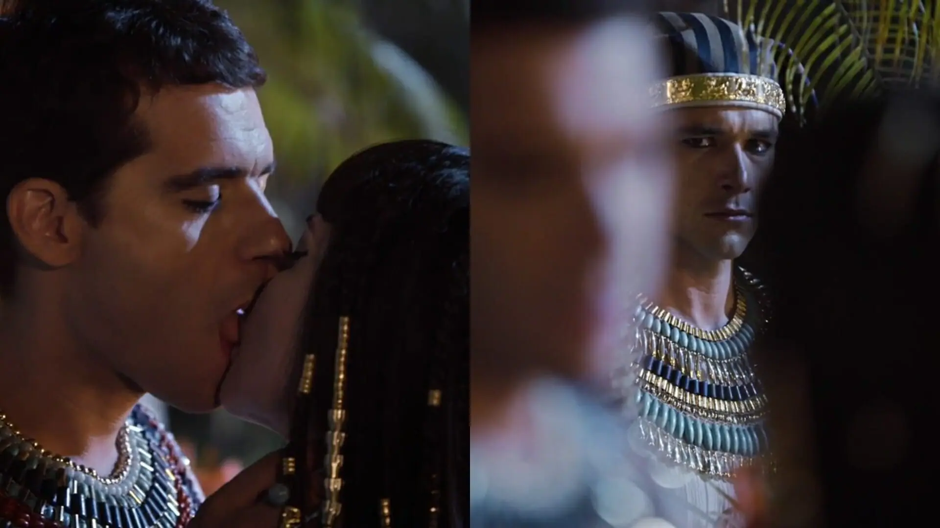 Moisés (Guilherme Winter), Nefertari (Camila Rodrigues) e Ramsés (Sergio Marone) de Os Dez Mandamentos