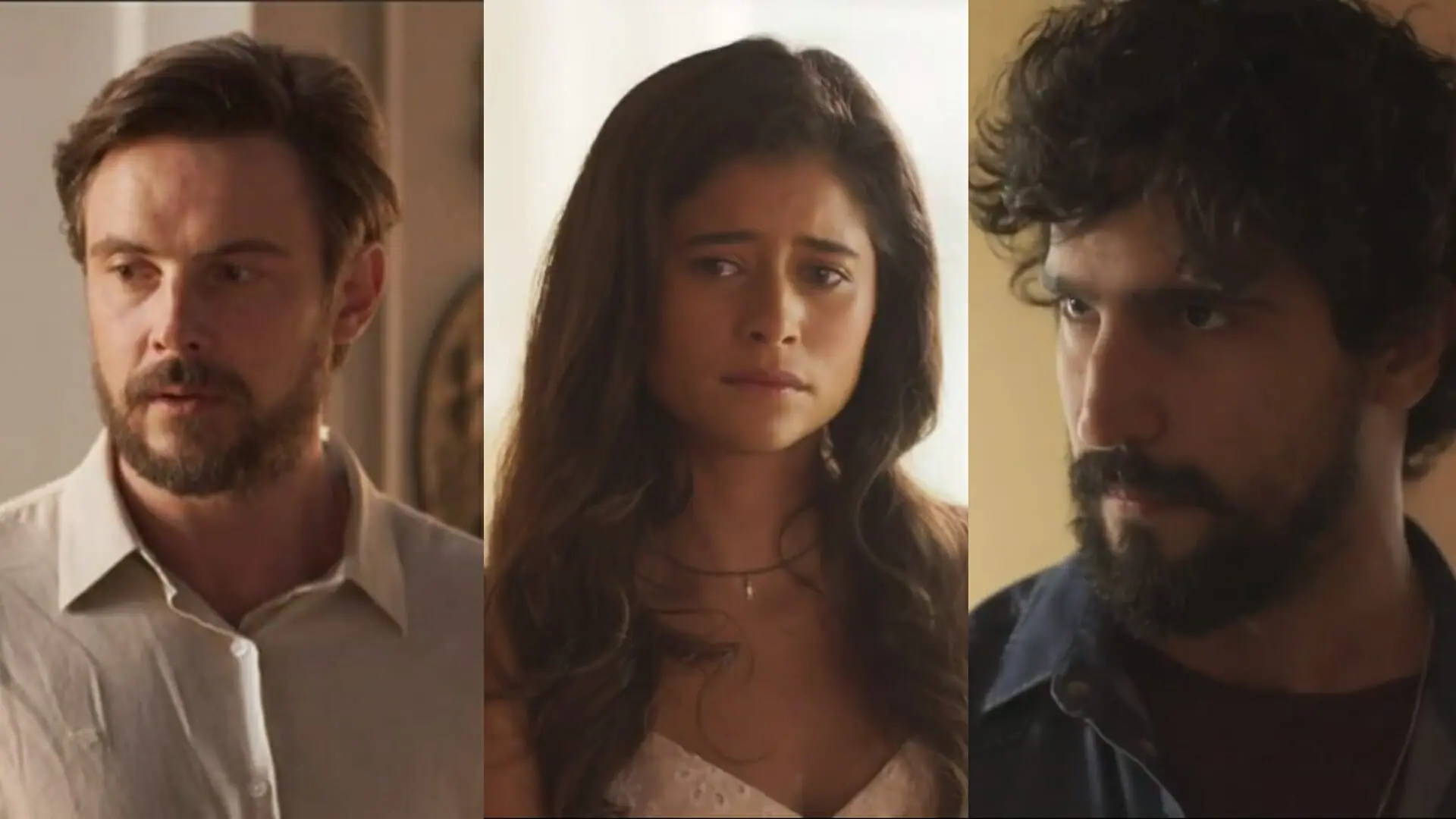 Zé Paulino (Sergio Guizé), Candoca (Isadora Cruz) e Tertulinho (Renato Góes) de Mar do Sertão