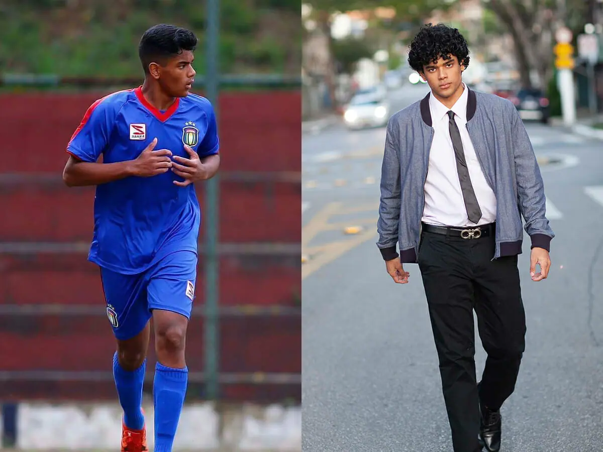 O ator Luiz Fortes, de Todas as Flores, como jogador sub-15 do São Caetano e como modelo
